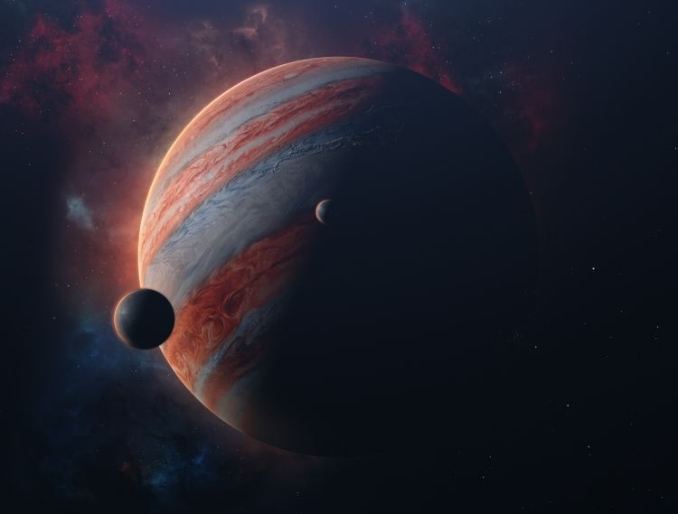 Das Bild zeigt den Jupiter und zwei seiner Monde. Urheber ist Javier Miranda der das Bild über Unsplash zur Verfügung gestellt hat.